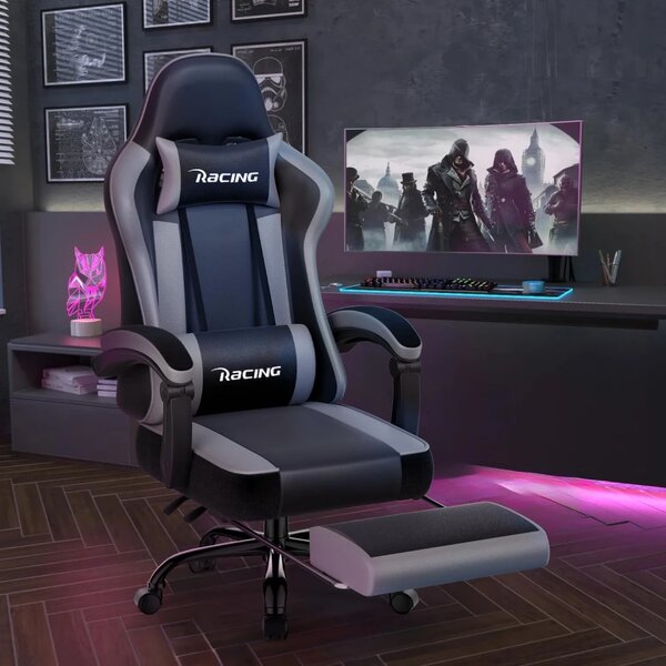 Scaun gaming, Masaj în perna lombară, Suport picioare, Rabatabil 90-165°, piele PU, Negru/Gri