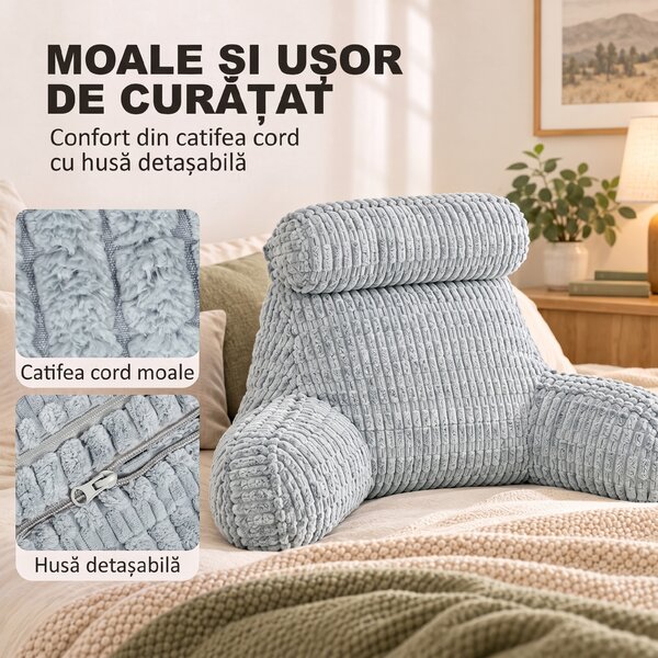 HOMCOM Pernă mare pentru citit cu cotiere și buzunare, gri deschis | Aosom Romania