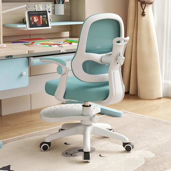 Scaun ergonomic pentru copii, spatar reglabil adancime, suport picioare reglabil, rotativ, Albastru