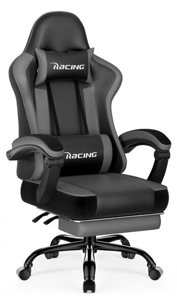 Scaun gaming, Masaj în perna lombară, Suport picioare, Rabatabil 90-165°, piele PU, Negru/Gri