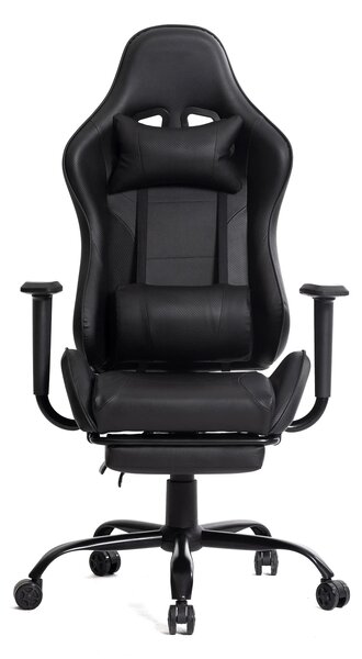 RESIGILAT- Scaun gaming, ergonomic, suport lombar cu masaj, spătar rabatabil 90-150°, suport pentru picioare, rezistent 150 kg, piele PU, Negru
