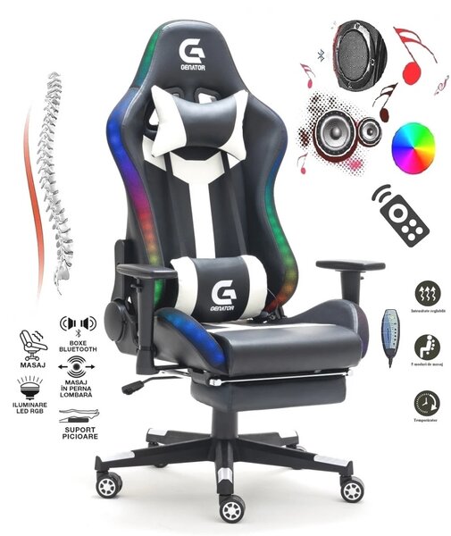 Scaun gaming, Masaj in 7 puncte, sistem iluminare bandă LED RGB, boxe Bluetooth, masaj în perna lombară, sezut benzi elastice sustinere, funcție șezlong, 90-180 grade, suport picioare, Negru/Alb
