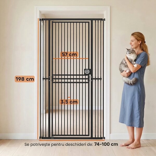 PawHut Poartă pentru Pisici Extra Înaltă, 198 cm, 74-100 cm, Montaj prin Presiune, Închidere cu Inel, Negru | Aosom Romania
