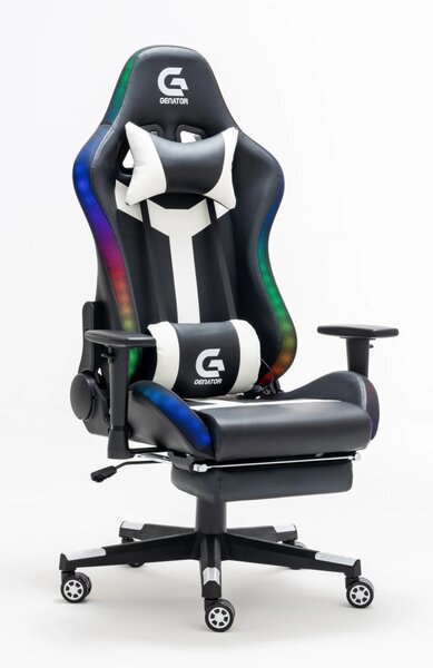 Scaun gaming, Masaj in 7 puncte, sistem iluminare bandă LED RGB, boxe Bluetooth, masaj în perna lombară, sezut benzi elastice sustinere, funcție șezlong, 90-180 grade, suport picioare, Negru/Alb