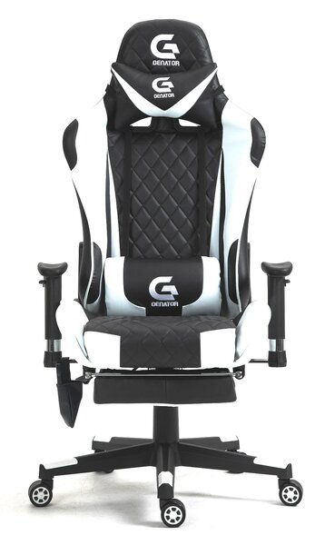 RESIGILAT- Scaun gaming, Masaj in 7 puncte, Boxe Bluetooth, funcție șezlong, 90-180 grade, suport picioare, sezut benzi elastice sustinere suplimentara, PU, Negru/Alb