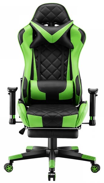Scaun gaming, masaj in perna lombara, sezut benzi elastice sustinere suplimentara, cotiere 3D, suport picioare, funcție sezlong, 90-180 grade, Negru/Verde