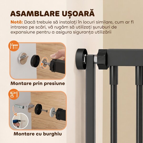 PawHut Poartă pentru Pisici Extra Înaltă, 198 cm, 74-100 cm, Montaj prin Presiune, Închidere cu Inel, Negru | Aosom Romania