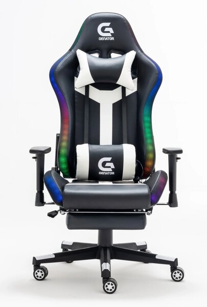 Scaun gaming, Masaj in 7 puncte, sistem iluminare bandă LED RGB, boxe Bluetooth, masaj în perna lombară, sezut benzi elastice sustinere, funcție șezlong, 90-180 grade, suport picioare, Negru/Alb