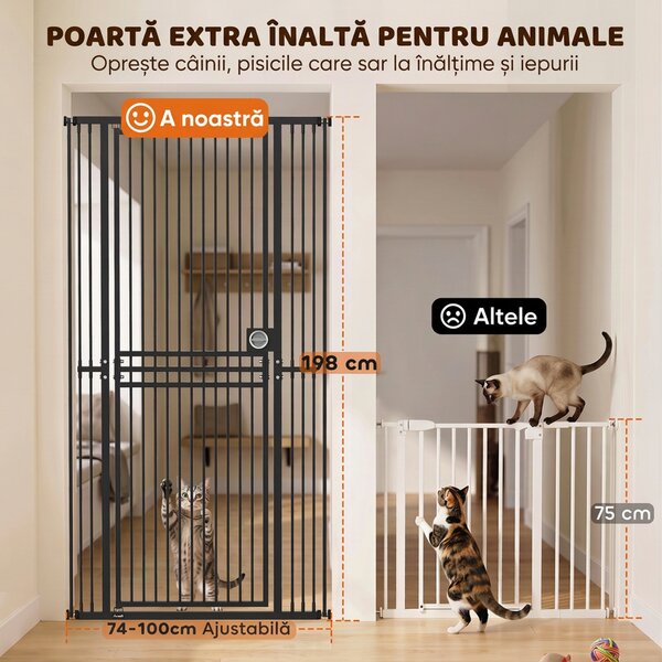 PawHut Poartă pentru Pisici Extra Înaltă, 198 cm, 74-100 cm, Montaj prin Presiune, Închidere cu Inel, Negru | Aosom Romania