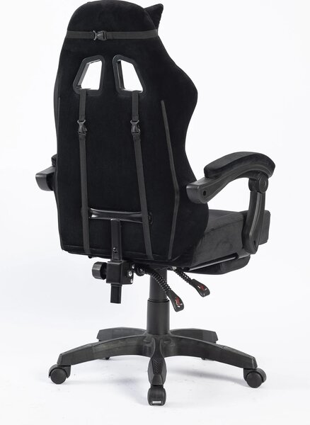 RESIGILAT- Scaun gaming, masaj în perna lombară, suport picioare, negru, catifea