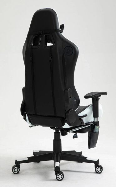 RESIGILAT- Scaun gaming, Masaj in 7 puncte, Boxe Bluetooth, funcție șezlong, 90-180 grade, suport picioare, sezut benzi elastice sustinere suplimentara, PU, Negru/Alb