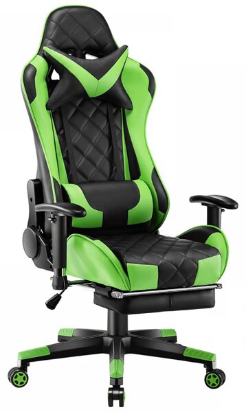 Scaun gaming, masaj in perna lombara, sezut benzi elastice sustinere suplimentara, cotiere 3D, suport picioare, funcție sezlong, 90-180 grade, Negru/Verde