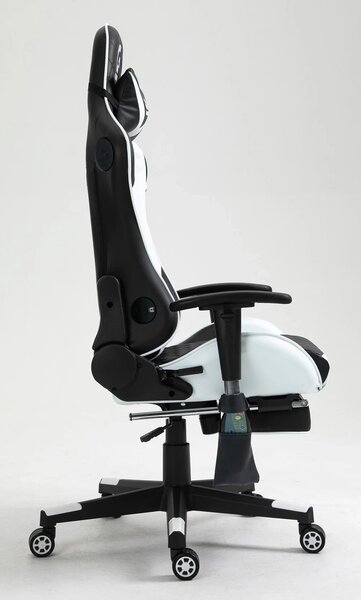 RESIGILAT- Scaun gaming, Masaj in 7 puncte, Boxe Bluetooth, funcție șezlong, 90-180 grade, suport picioare, sezut benzi elastice sustinere suplimentara, PU, Negru/Alb