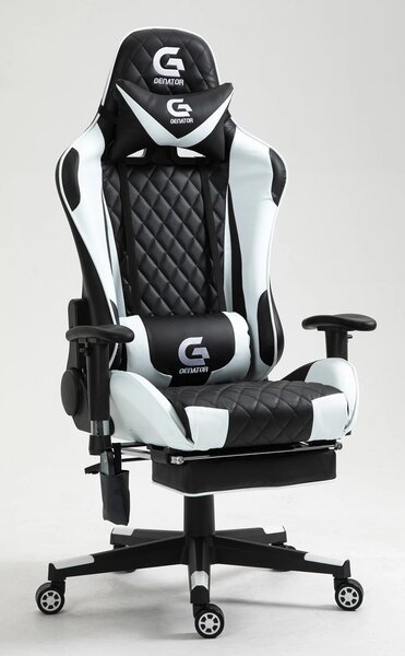 RESIGILAT- Scaun gaming, Masaj in 7 puncte, Boxe Bluetooth, funcție șezlong, 90-180 grade, suport picioare, sezut benzi elastice sustinere suplimentara, PU, Negru/Alb