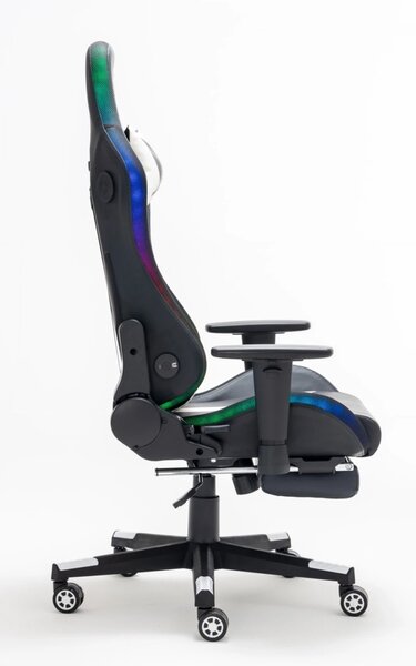 Scaun gaming, Masaj in 7 puncte, sistem iluminare bandă LED RGB, boxe Bluetooth, masaj în perna lombară, sezut benzi elastice sustinere, funcție șezlong, 90-180 grade, suport picioare, Negru/Alb