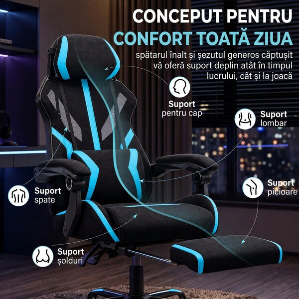 HOMCOM Scaun Gaming cu Pernă Lombară, Tetieră Reglabilă și Spătar Rabatabil | Aosom Romania