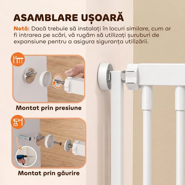 PawHut Poartă pentru pisici extra înaltă, 198 cm, reglabilă 74-100 cm, montaj cu presiune, închidere cu inel, albă | Aosom Romania