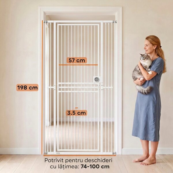 PawHut Poartă pentru pisici extra înaltă, 198 cm, reglabilă 74-100 cm, montaj cu presiune, închidere cu inel, albă | Aosom Romania