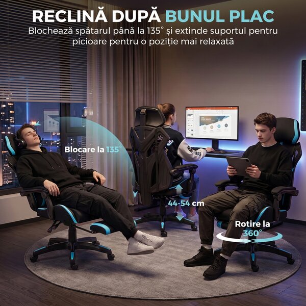 HOMCOM Scaun Gaming cu Pernă Lombară, Tetieră Reglabilă și Spătar Rabatabil | Aosom Romania
