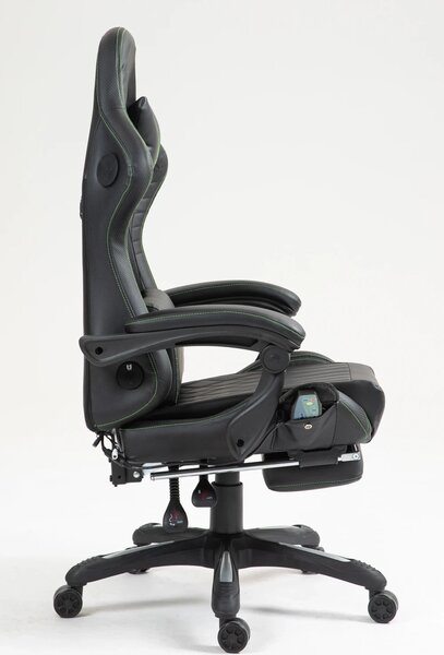 RESIGILAT- Scaun gaming, Masaj in 7 puncte, Boxe Bluetooth, funcție șezlong, 90-155 grade, suport picioare, PU, Negru/cusatura verde