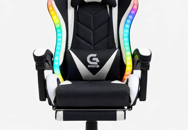 RESIGILAT- Scaun gaming, sistem iluminare bandă LED RGB, masaj în perna lombară, suport picioare, Negru/Alb