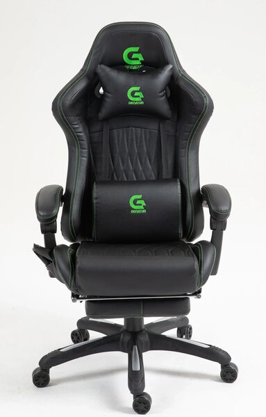 RESIGILAT- Scaun gaming, Masaj in 7 puncte, Boxe Bluetooth, funcție șezlong, 90-155 grade, suport picioare, PU, Negru/cusatura verde