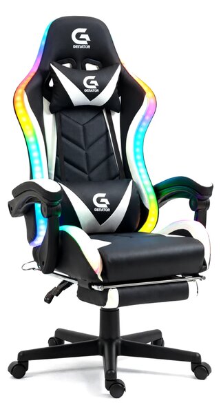 Scaun gaming, sistem iluminare bandă LED RGB, masaj în perna lombară, suport picioare, Negru/Alb