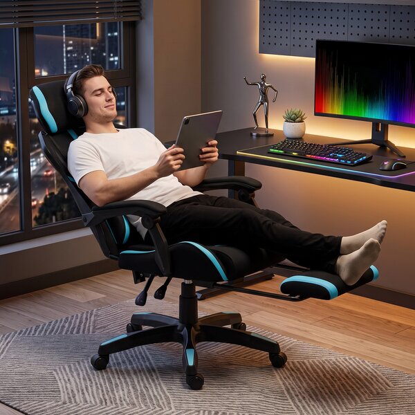 HOMCOM Scaun Gaming cu Pernă Lombară, Tetieră Reglabilă și Spătar Rabatabil | Aosom Romania