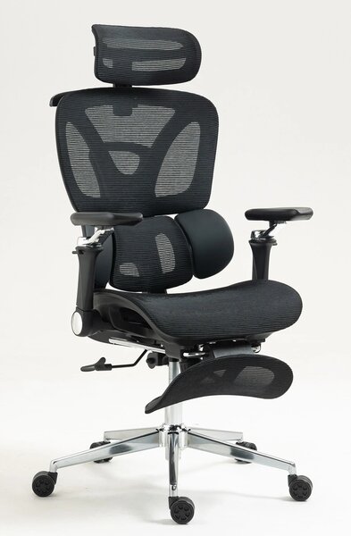 RESIGILAT- METACHAIR DORO Scaun ergonomic, cotiere 6D, suport lombar dinamic, spătar reglabil înălțime, tetieră 2D, suport picioare, mecanism multifunctional inclinare/blocare, pivotant, Mesh, Negru