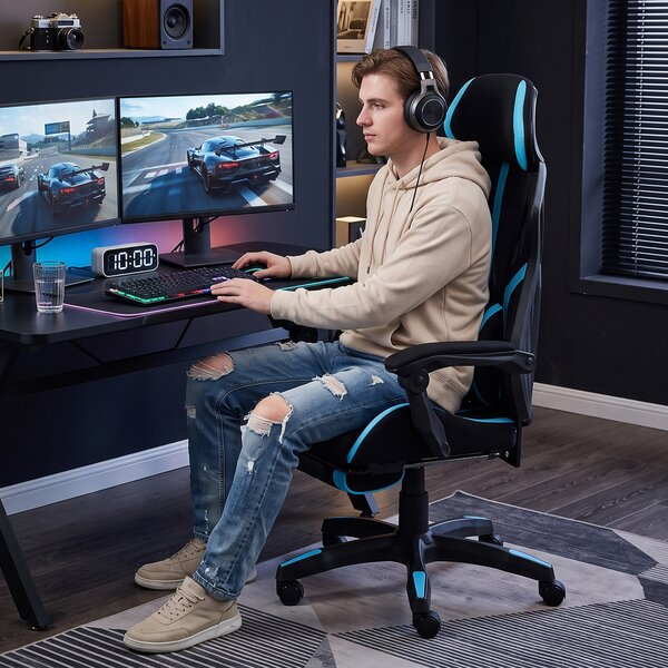 HOMCOM Scaun Gaming cu Pernă Lombară, Tetieră Reglabilă și Spătar Rabatabil | Aosom Romania