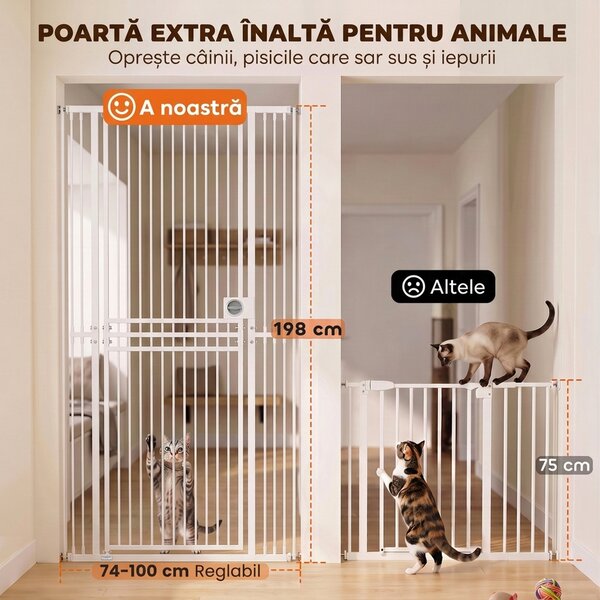 PawHut Poartă pentru pisici extra înaltă, 198 cm, reglabilă 74-100 cm, montaj cu presiune, închidere cu inel, albă | Aosom Romania