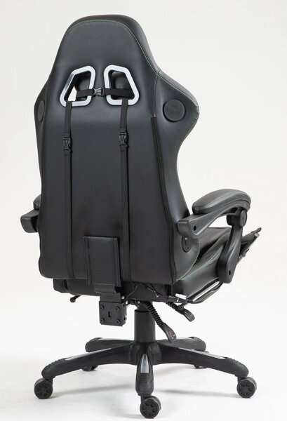 RESIGILAT- Scaun gaming, Masaj in 7 puncte, Boxe Bluetooth, funcție șezlong, 90-155 grade, suport picioare, PU, Negru/cusatura verde