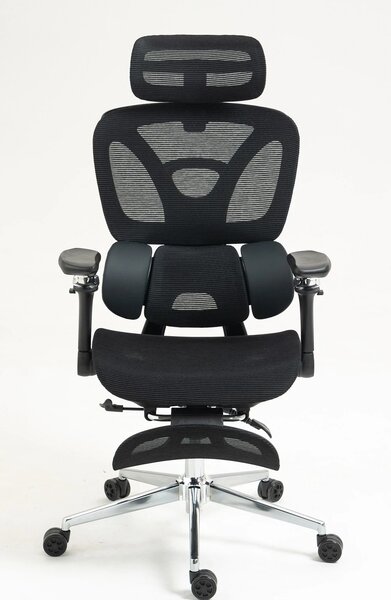 RESIGILAT- METACHAIR DORO Scaun ergonomic, cotiere 6D, suport lombar dinamic, spătar reglabil înălțime, tetieră 2D, suport picioare, mecanism multifunctional inclinare/blocare, pivotant, Mesh, Negru