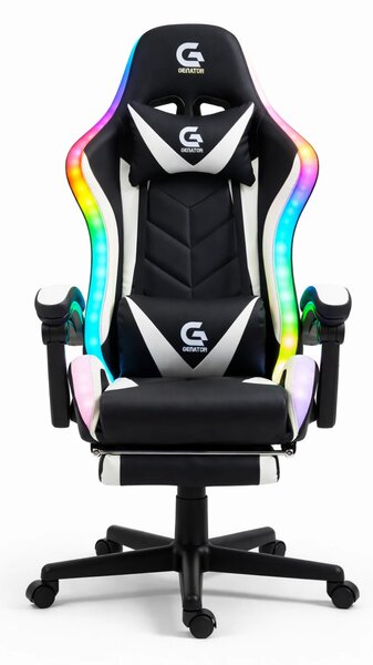 Scaun gaming, sistem iluminare bandă LED RGB, masaj în perna lombară, suport picioare, Negru/Alb