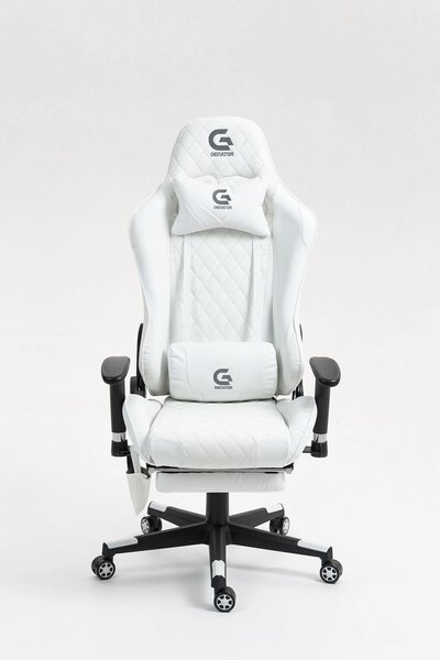 Scaun gaming, Masaj in 7 puncte, Boxe Bluetooth, funcție șezlong, 90-180 grade, suport picioare, sezut benzi elastice sustinere suplimentara, PU, Alb