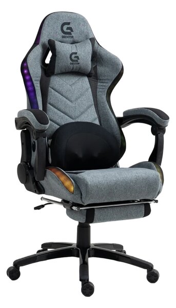 Scaun gaming, Masaj cu Role in perna lombara, Sistem iluminare banda LED RGB, Boxe Bluetooth, funcție șezlong, 90-155 grade, sezut benzi elastice sustinere, suport picioare, Textil, Gri/Negru