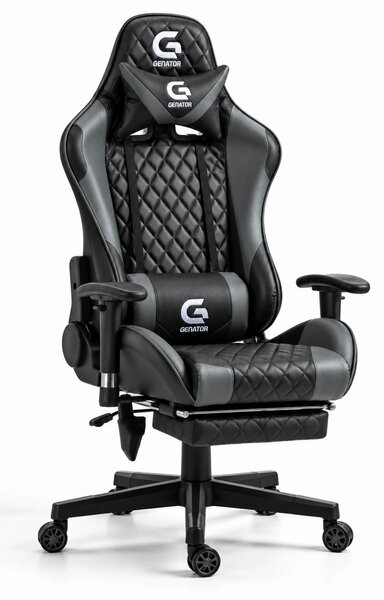 Scaun gaming, Masaj in 7 puncte, Boxe Bluetooth, funcție șezlong, 90-180 grade, suport picioare, sezut benzi elastice sustinere suplimentara, PU, Negru/Gri
