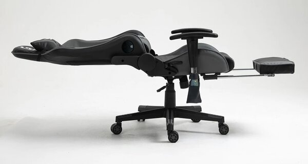 Scaun gaming, Masaj in 7 puncte, Boxe Bluetooth, funcție șezlong, 90-180 grade, suport picioare, sezut benzi elastice sustinere suplimentara, PU, Negru/Gri