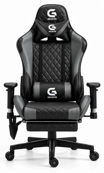 Scaun gaming, Masaj in 7 puncte, Boxe Bluetooth, funcție șezlong, 90-180 grade, suport picioare, sezut benzi elastice sustinere suplimentara, PU, Negru/Gri