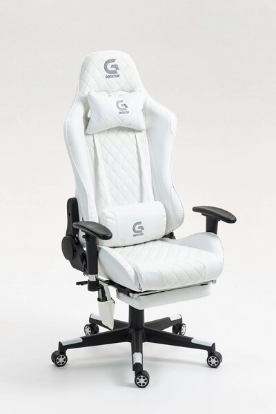 Scaun gaming, Masaj in 7 puncte, Boxe Bluetooth, funcție șezlong, 90-180 grade, suport picioare, sezut benzi elastice sustinere suplimentara, PU, Alb