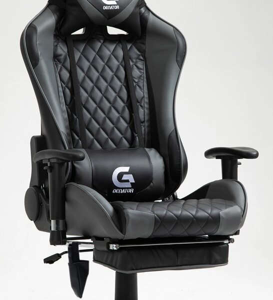 Scaun gaming, Masaj in 7 puncte, Boxe Bluetooth, funcție șezlong, 90-180 grade, suport picioare, sezut benzi elastice sustinere suplimentara, PU, Negru/Gri