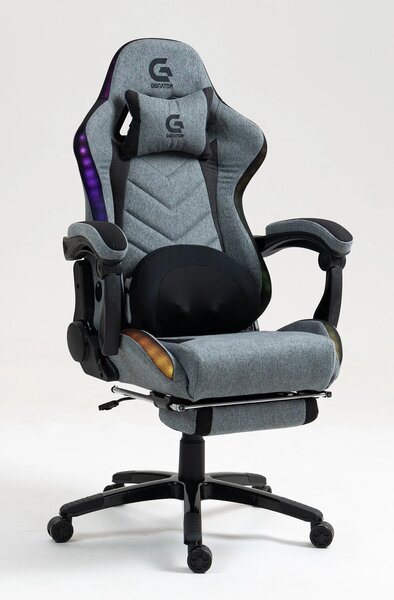 Scaun gaming, Masaj cu Role in perna lombara, Sistem iluminare banda LED RGB, Boxe Bluetooth, funcție șezlong, 90-155 grade, sezut benzi elastice sustinere, suport picioare, Textil, Gri/Negru