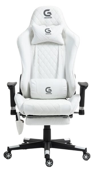 Scaun gaming, Masaj in 7 puncte, Boxe Bluetooth, funcție șezlong, 90-180 grade, suport picioare, sezut benzi elastice sustinere suplimentara, PU, Alb