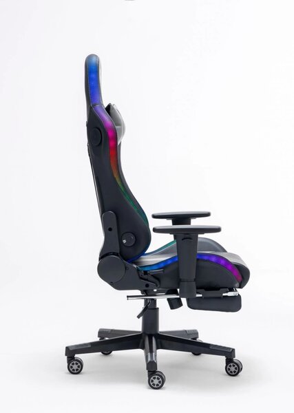 RESIGILAT- Scaun gaming, sistem iluminare bandă LED RGB, boxe bluetooth, masaj în perna lombara, funcție șezlong, 90-180 grade, suport picioare, SIG GS 024, Negru/Gri