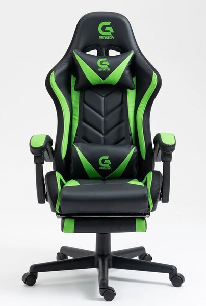 RESIGILAT- Scaun gaming, sistem iluminare bandă LED RGB, masaj în perna lombară, suport picioare, Negru/Verde