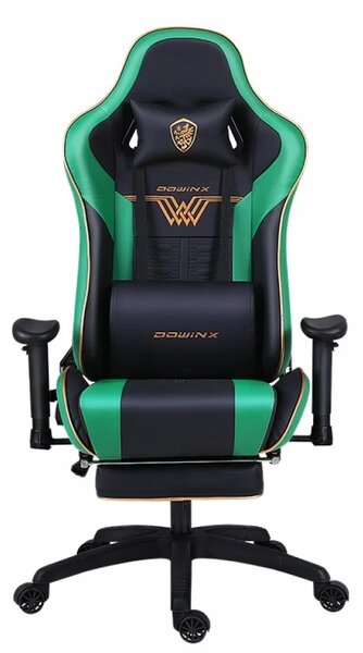 RESIGILAT- DOWINX Scaun gaming, ergonomic, pernă lombară cu masaj, suport pentru picioare, piele PU matlasata, respirabila, cotiere 4D, rezistent 150 kg, Negru/Verde