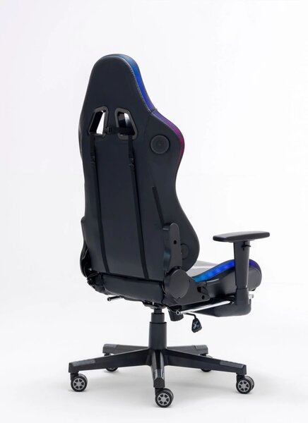 RESIGILAT- Scaun gaming, sistem iluminare bandă LED RGB, boxe bluetooth, masaj în perna lombara, funcție șezlong, 90-180 grade, suport picioare, SIG GS 024, Negru/Gri