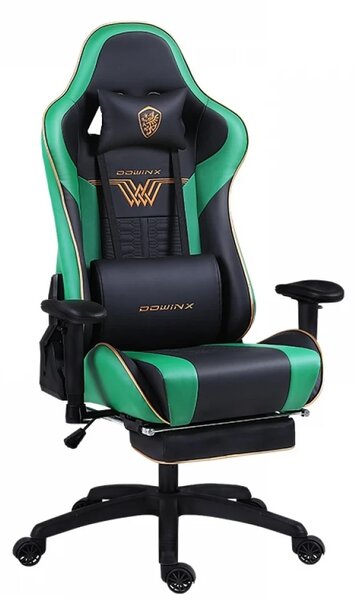RESIGILAT- DOWINX Scaun gaming, ergonomic, pernă lombară cu masaj, suport pentru picioare, piele PU matlasata, respirabila, cotiere 4D, rezistent 150 kg, Negru/Verde