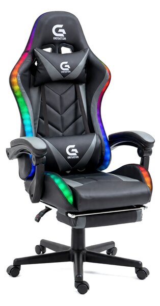 RESIGILAT- Scaun gaming, sistem iluminare bandă LED RGB, masaj în perna lombară, suport picioare, Negru/Gri