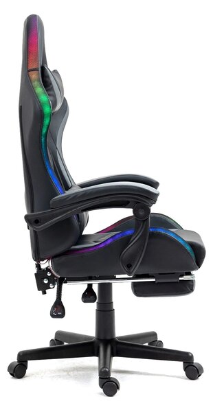 RESIGILAT- Scaun gaming, sistem iluminare bandă LED RGB, masaj în perna lombară, suport picioare, Negru/Gri